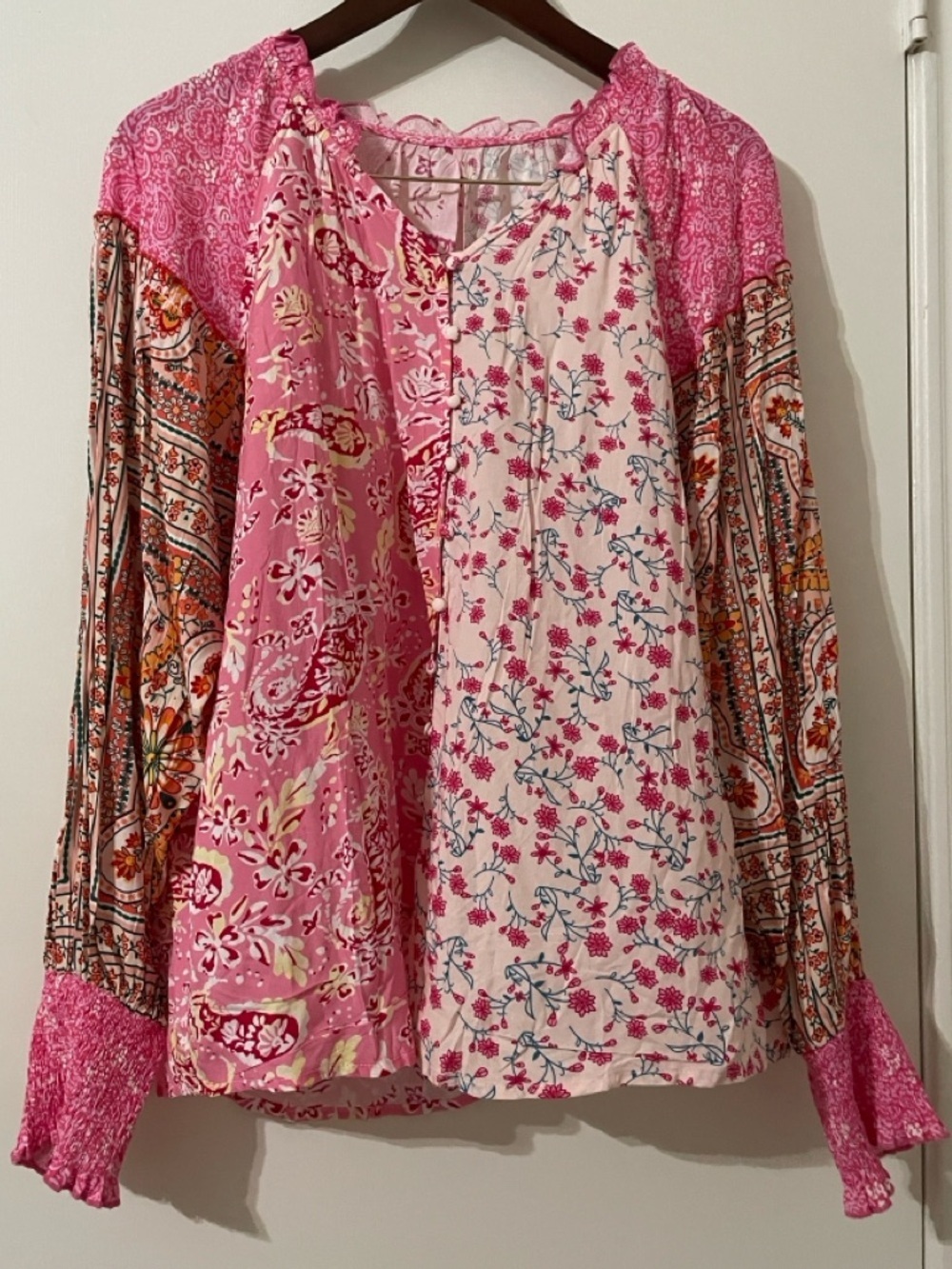 Boho Mixed Floral & Paisley Print Button Front Blouse - Size Large - Picture 7 of 10